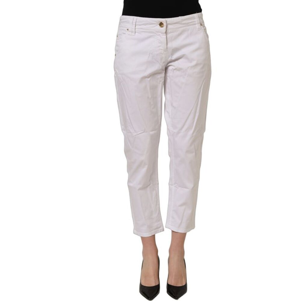 Gaudi White Mid Waist Straight Cropped Cotton Trouser Women's Pants